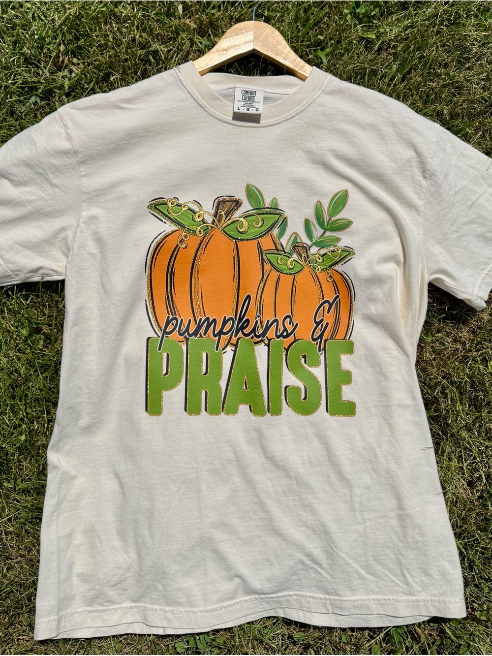 Comfort Colors Cream womens Tee with Orange Pumpkin & Green Lettering
